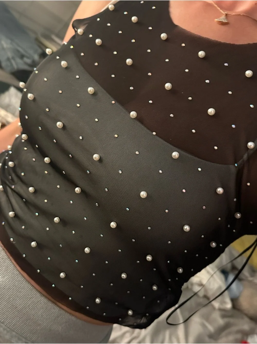 Sincerely Jules Black Pearl-Studded Sheer Mesh Cropped Tank - Picture 4 of 4